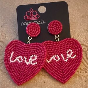 NWT Paparazzi Hot Pink Heart Earrings 2.5”. Seed beads felted back